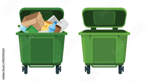 Recycling bins filled and empty on wheels viewed from the side in a clean environment