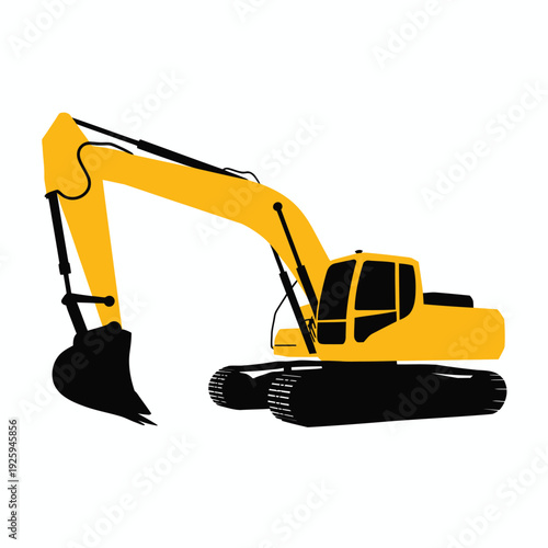 A simple cartoon illustration of a yellow excavator with black details on a plain background viewed from the side