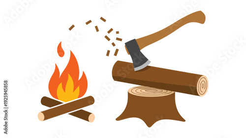 A detailed illustration of an axe chopping wood next to a burning campfire in a serene outdoor setting viewed from the side