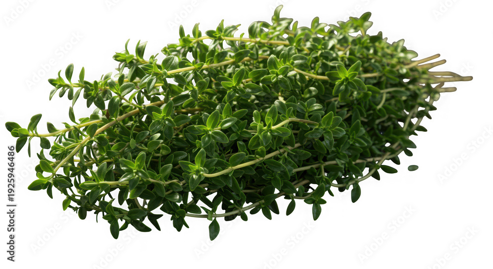 Obraz premium Fresh bunch of green thyme herb leaves and stems isolated on white background transparent background