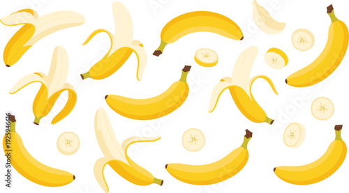 Fresh Banana Vector Set Featuring Whole, Peeled, and Sliced Bananas for Healthy Nutrition Graphics, Fruit Smoothie Branding, and Organic Food Illustrations