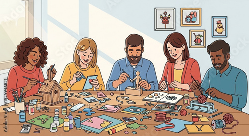 Diverse group of adults engaging in creative arts and crafts activities together at a table