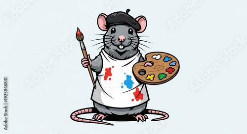 A smiling mouse artist wearing a beret and stained apron holds a paintbrush and palette standing on a light blue background with a creative expression