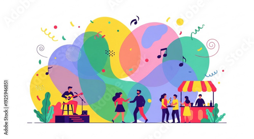 Vibrant festival scene with people dancing musician on stage and food vendor colorful abstract background with music notes and swirling patterns