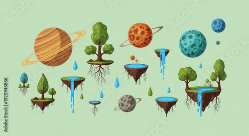 Whimsical illustration of planets trees and floating islands with water drops on a light green background representing environmental concepts and fantastical landscapes