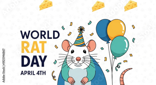 Cartoon rat celebrates world rat day with balloons and cheese on april 4th in a festive scene