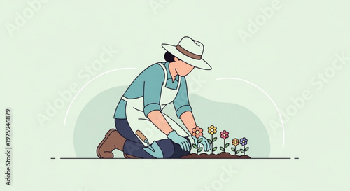 Person gardening flowers in a serene outdoor setting with hat and gloves on a sunny day