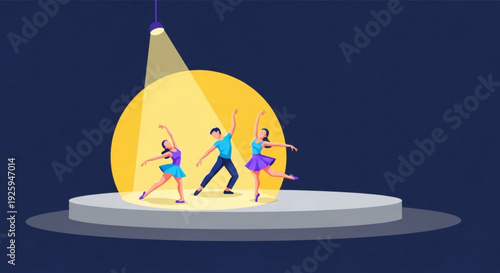 Three dancers performing on a circular stage under spotlight with vibrant costumes and dynamic poses against dark blue background