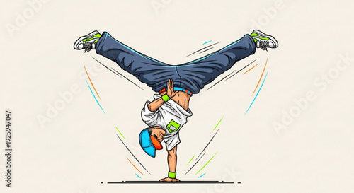 Young man performing breakdancing move with vibrant colors and dynamic lines on a neutral background