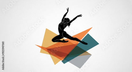 Silhouette of a dancer jumping on colorful geometric shapes with dynamic movement and energy