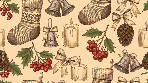Christmas Holiday Seamless Pattern with Hand Drawn Knitted Socks Bells Candles and Holly Berries