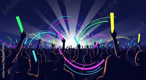 Crowd of people at a vibrant music festival with colorful glow sticks and radiant lights in the night sky