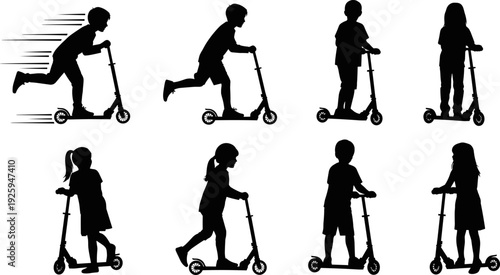 Kids scooter silhouettes collection, children riding kick scooters poses, outdoor play activity set, black vector illustration isolated on white background
