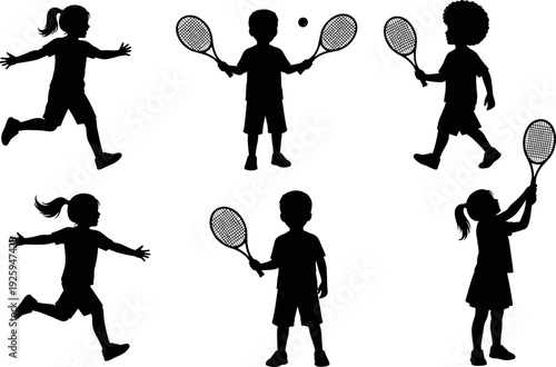 Kids tennis activity silhouettes vector illustration set, children playing sports with rackets, playful youth motion poses isolated on white background