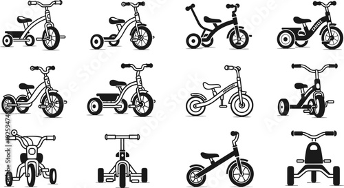Kids tricycle icons set, children ride bicycles silhouettes collection, toddler training bikes vector illustration for transportation, play, cycling, nursery design