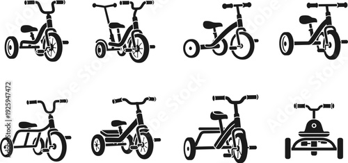 Kids tricycle vector icon set with children ride bicycle silhouettes, toddler pedal bikes collection for toys, parenting, nursery design, and educational branding