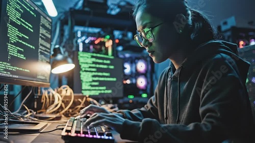 Coder working at dimly lit desk coding in a tech lab