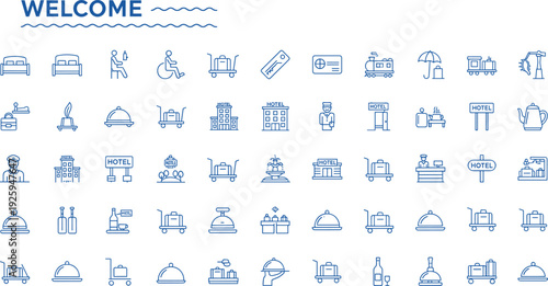 Comprehensive Collection of Blue Line Icons for Hotel Services Hospitality Travel and Tourism Featuring Beds Luggage Carts Food Service and Reception Symbols