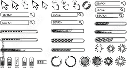 Hand Drawn Sketch Style User Interface Elements Set Featuring Search Bars Loading Progress Indicators Mouse Cursors Battery Life Icons and Circular Spinners