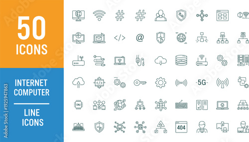 Internet and computer network line icon set including wifi cloud computing database server security firewall global connection 5G technology and hardware symbols