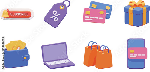 Set of Three Dimensional Stylized Icons for Ecommerce and Online Shopping Featuring Digital Payments Credit Cards Gift Boxes Wallets and Discount Sale Tags