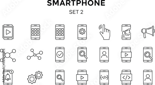 Smartphone app development and mobile user interface line icon set including multimedia player, social network connection, settings, and notification bell.