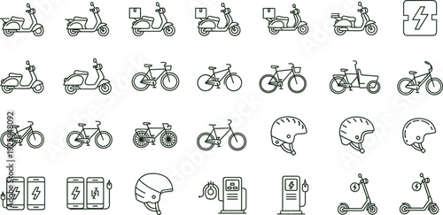 Sustainable Urban Micro Mobility Line Icons Set Featuring Electric Scooters Bicycles Delivery Mopeds Safety Helmets Charging Stations And Eco Friendly Transportation Equipment