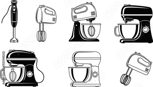 Kitchen mixer and blender silhouettes set, stand mixer and hand mixer appliances, black vector illustration collection for cooking, baking, food preparation design