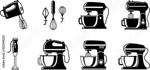 Kitchen mixer and blender silhouettes set, stand and hand mixers with attachments, black vector illustration for baking, cooking, food preparation appliances