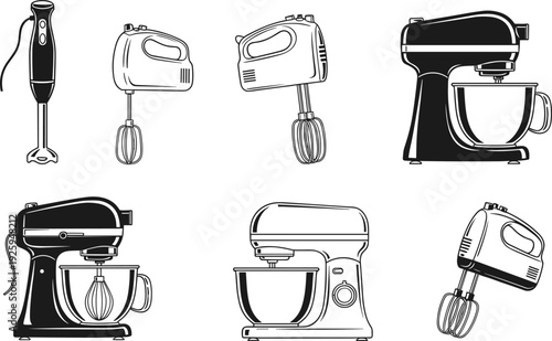 Kitchen mixer and hand blender silhouette icon set, black food preparation appliances collection, electric baking tools symbols, clean flat vector illustration isolated on white background