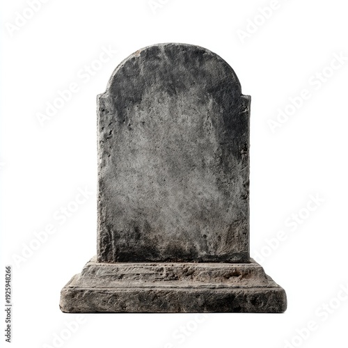 A weathered, blank stone tombstone with a curved top, isolated on white