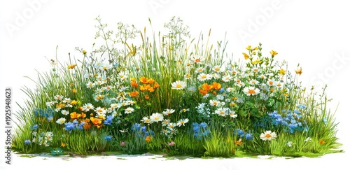 A vibrant tapestry of assorted wildflowers, lush green grasses, and delicate blooms