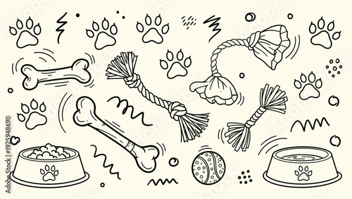 Dog Accessories Hand Drawn Doodle with Bones Paw Prints Rope Toys and Food Water Bowls