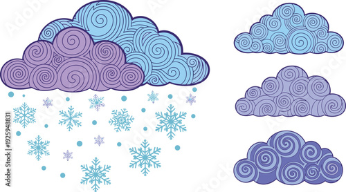 Decorative Blue and Purple Cloud Vector Set with Intricate Swirl Patterns and Falling Snowflakes for Winter Backgrounds, Fantasy Art, and Seasonal Stationery Designs