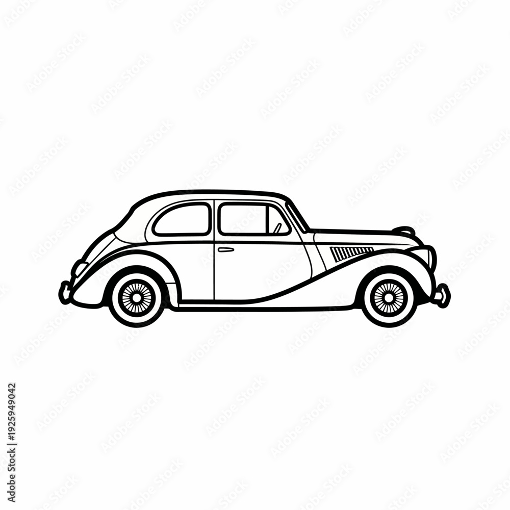 Fototapeta premium Vintage car illustration, classic car black and white line art