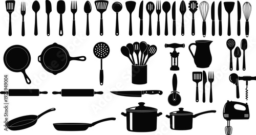 Kitchen utensil and cookware icon set, cooking tools collection silhouettes, flat black vector illustration for culinary design, restaurant branding, home kitchen graphics