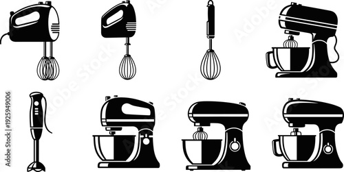 Kitchen mixer silhouettes collection, hand mixers and stand mixers with whisks, black vector illustration set for cooking, baking, kitchen appliances