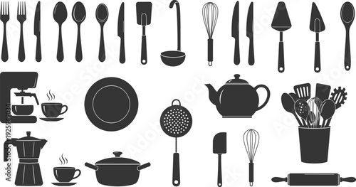 Kitchen utensils and cookware silhouette icon set, black cooking tools collection including cutlery, kettles, pots, and appliances, clean flat vector illustration isolated on white background