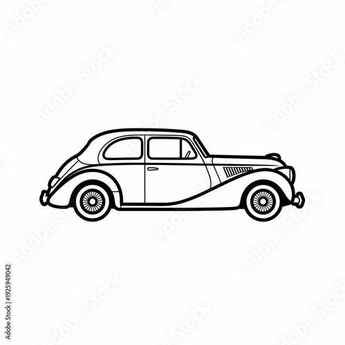 Vintage car illustration, classic car black and white line art