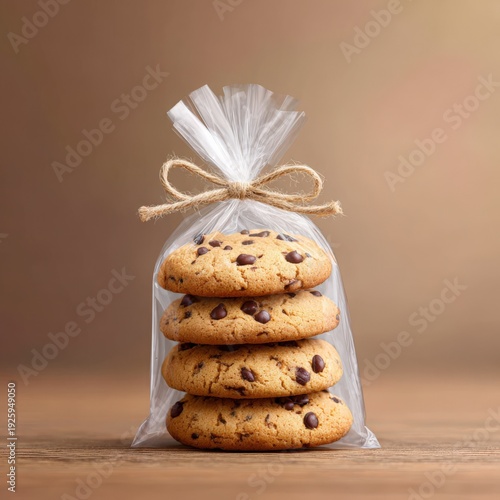 Delicious Chocolate Chip Cookies in Clear Bag with Bow Decoration