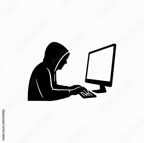 Hacker Using Computer Silhouette Vector Illustration