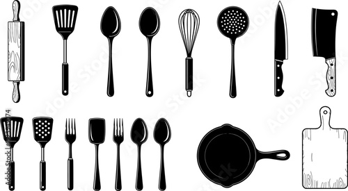 Kitchen utensils silhouette vector set, cooking tools collection with knives spoons pans boards, black culinary equipment illustration design