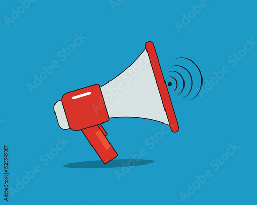 A red and white megaphone on a blue background with sound waves