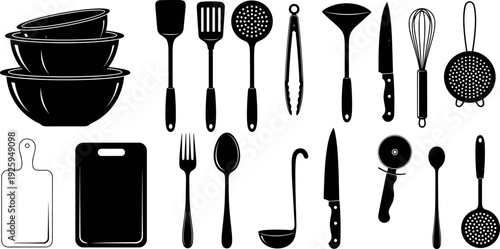 Kitchen utensils vector silhouette set, cooking tools and equipment collection, culinary flatware, household items for preparing food, chef professional graphic design isolated.