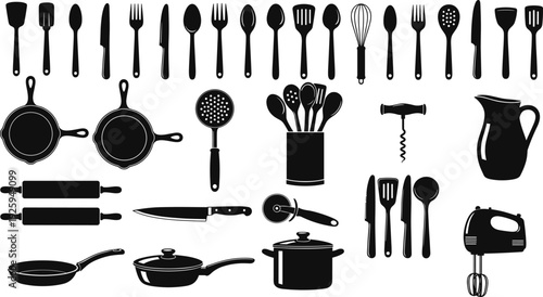 Kitchen utensils silhouettes collection, cutlery cookware tools set, black vector illustration for cooking, baking, food preparation, kitchen design elements, icons, infographic