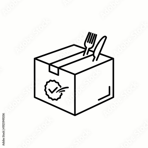 An illustrated food delivery box with a fork and knife. The box is adorned with a check mark seal, indicating a high level of service
