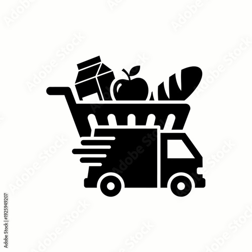 Grocery delivery service, featuring a shopping cart filled with groceries atop a delivery truck, perfect for depicting convenience and efficiency