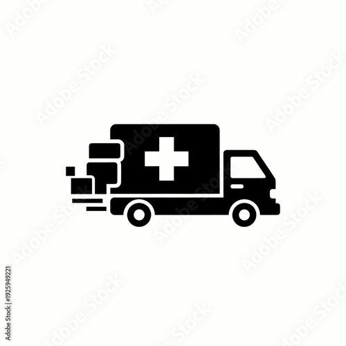 Ambulance delivering medical supplies swiftly to the need. A cross sign with loading supplies and transporting it
