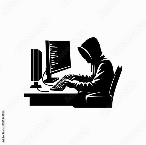 Hacker Using Computer Silhouette Vector Illustration
