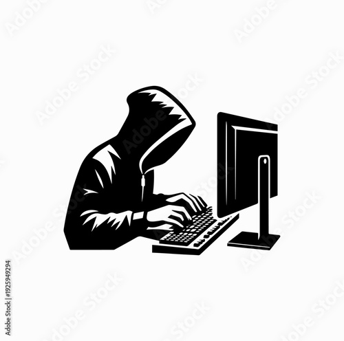 Hacker Using Computer Silhouette Vector Illustration